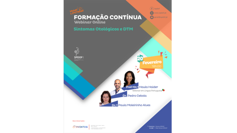 A Sociedade Portuguesa de Disfunção Temporomandibular e Dor Orofacial (SPDOF) promove um webinar dedicado aos “Sintomas Otológicos e DTM”.